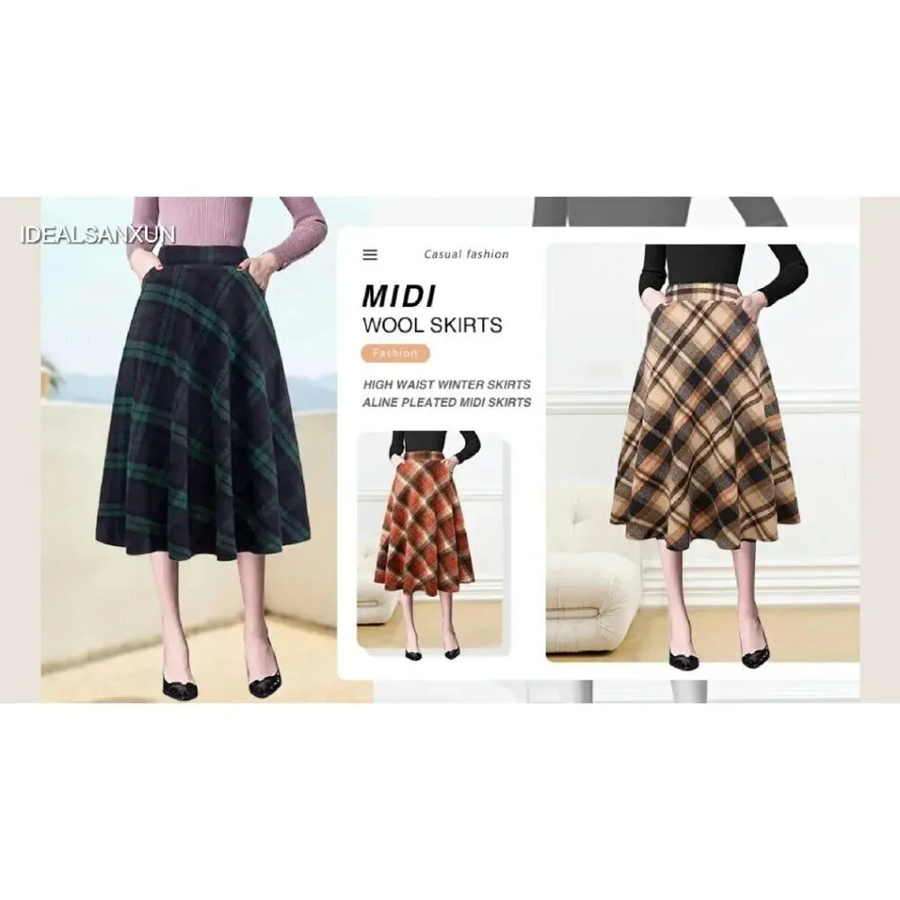 Wool High Waist A-Line Pleated Midi Skirt Fall Winter Casual